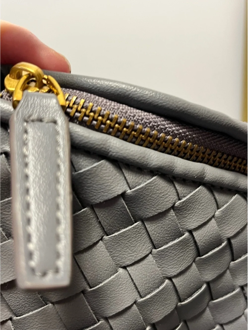 Chic Gray Woven Leather Shoulder Bag with Gold Hardware